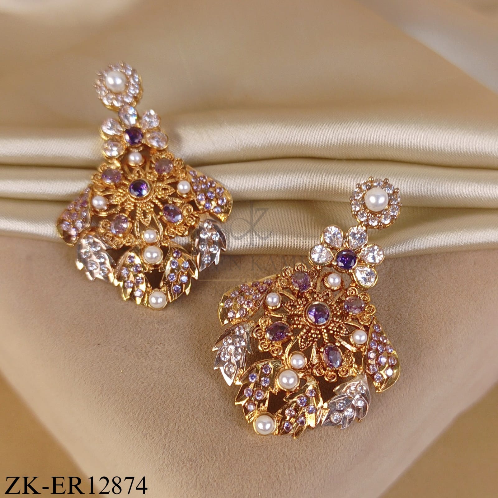 GOLD TONE AMETHYST PEARL ZIRCONIA EARRINGS