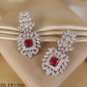 SILVER ZIRCONIA LEAFLET RUBY SQUARE CENTER EARRINGS