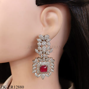 SILVER ZIRCONIA LEAFLET RUBY SQUARE CENTER EARRINGS