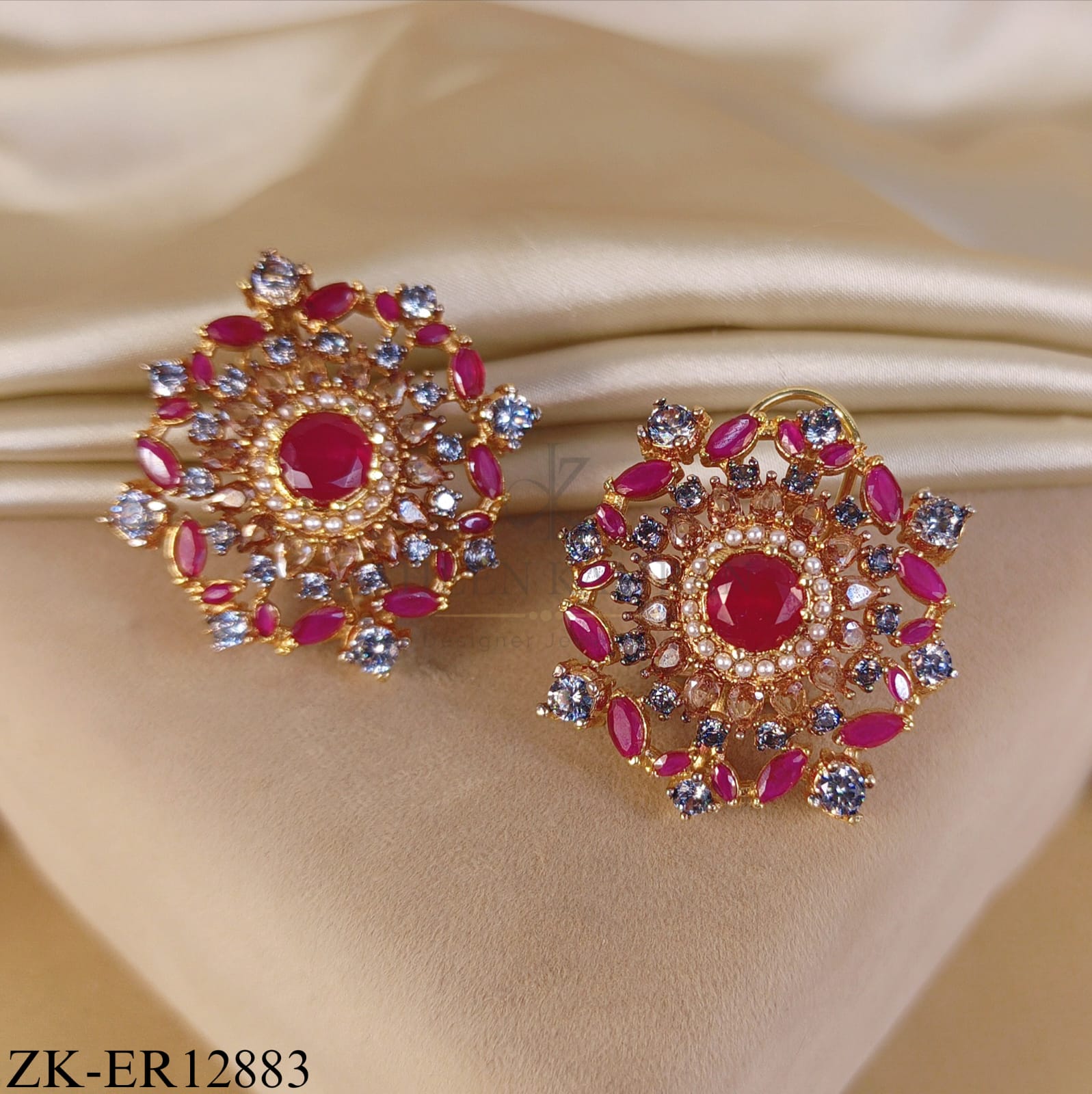 GOLDEN PINK ZIRCONIA AND SMOKY STONES EARRINGS