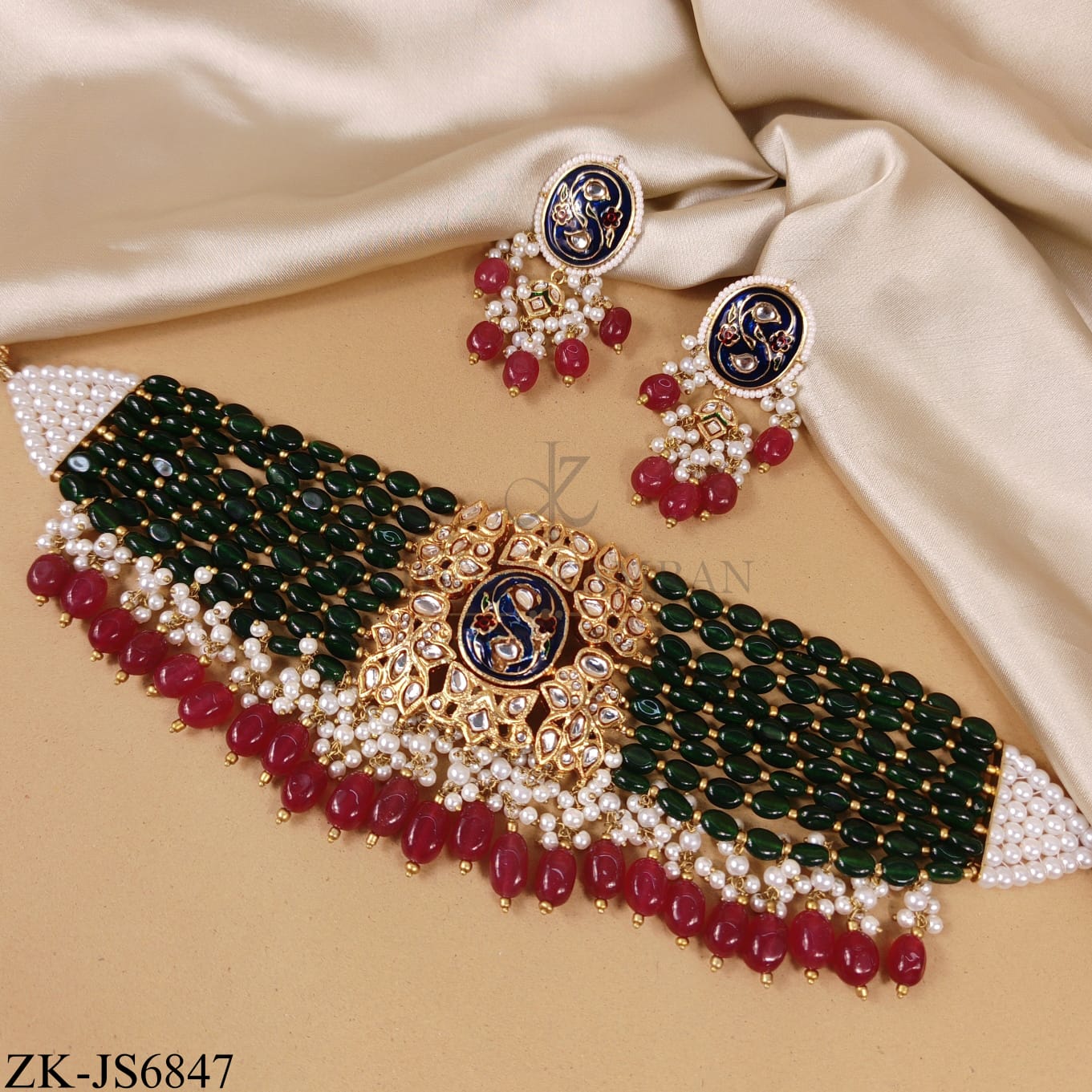 GOLD EMERALD PEACOCK HERITAGE CHOKER SET