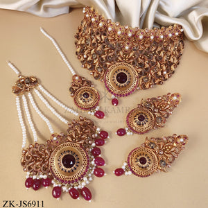 GOLD TONE MAROON FILIGREE BRIDAL SET
