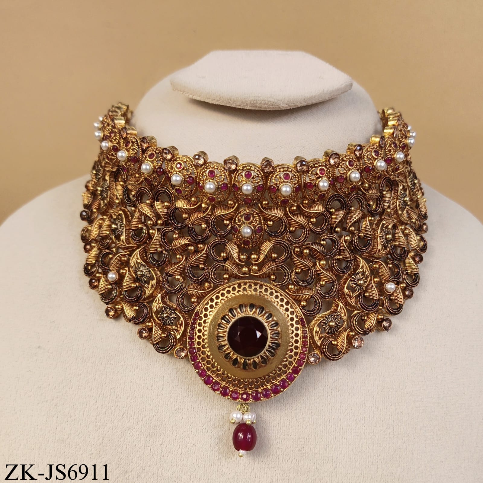 GOLD TONE MAROON FILIGREE BRIDAL SET
