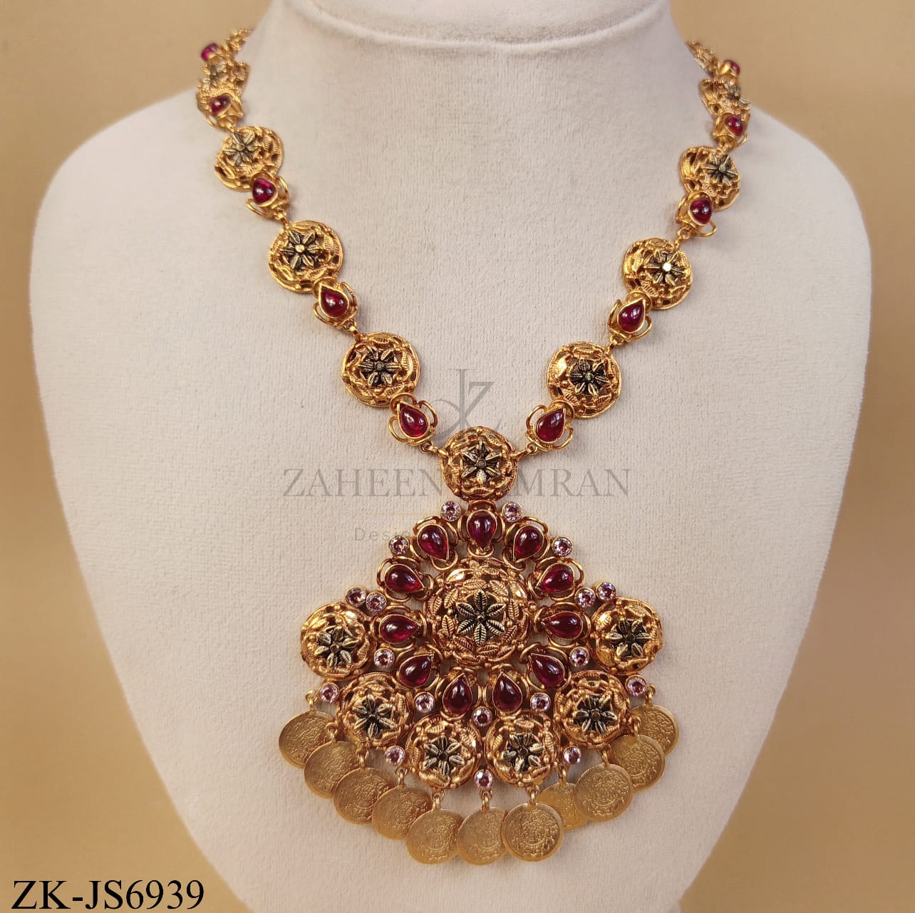 RUBY FLORAL PENDANT WITH COIN TASSEL SET