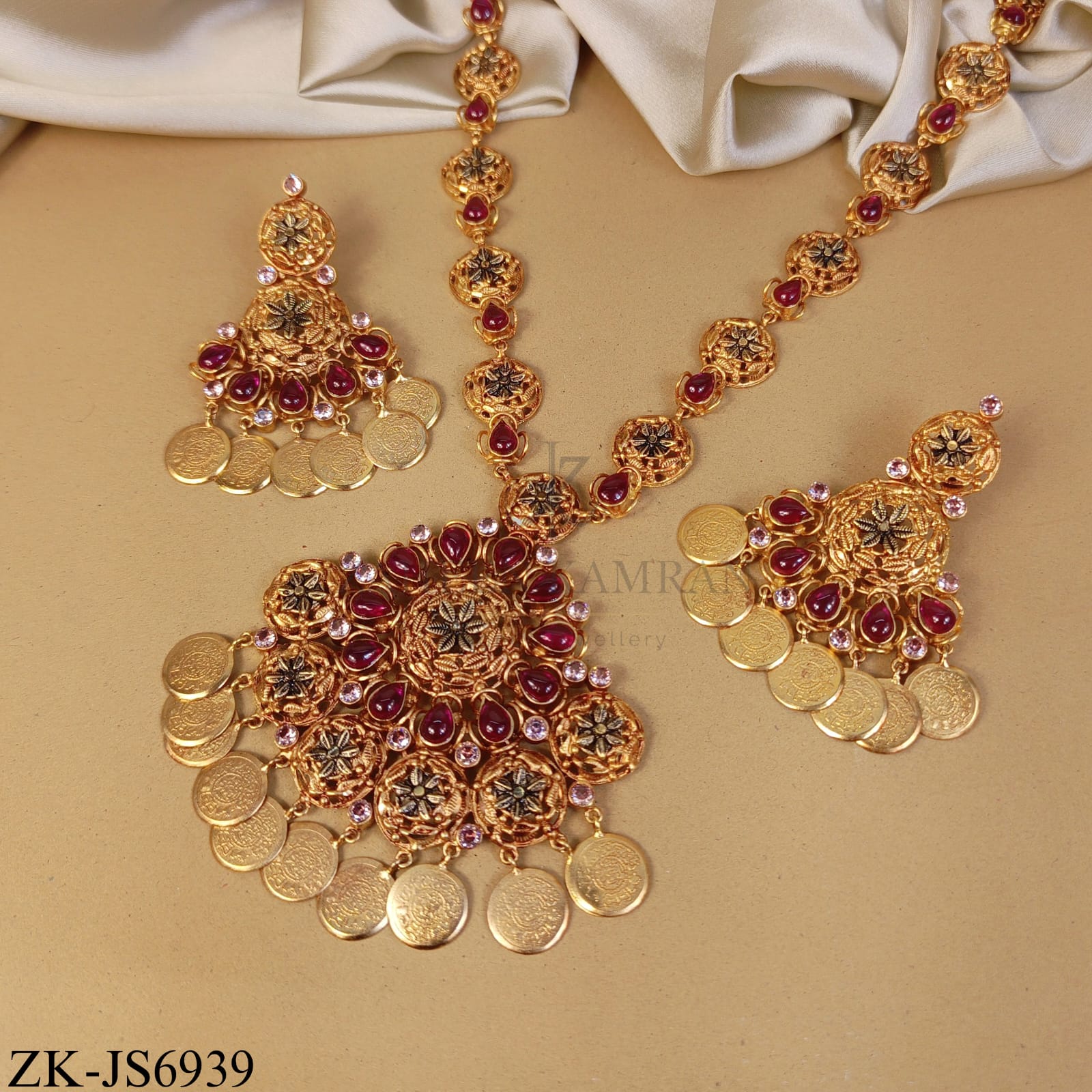 RUBY FLORAL PENDANT WITH COIN TASSEL SET