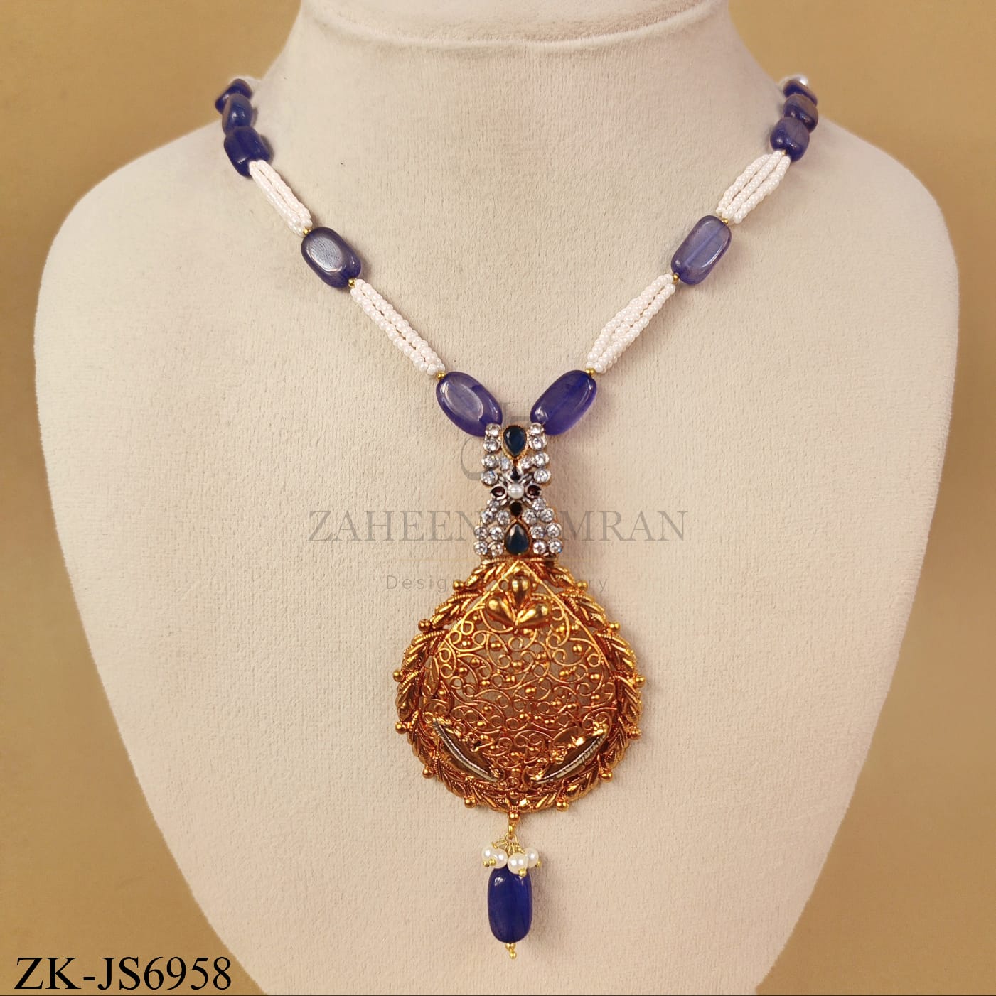 GOLD TONE FILIGREE SAPPHIRE MALA SET