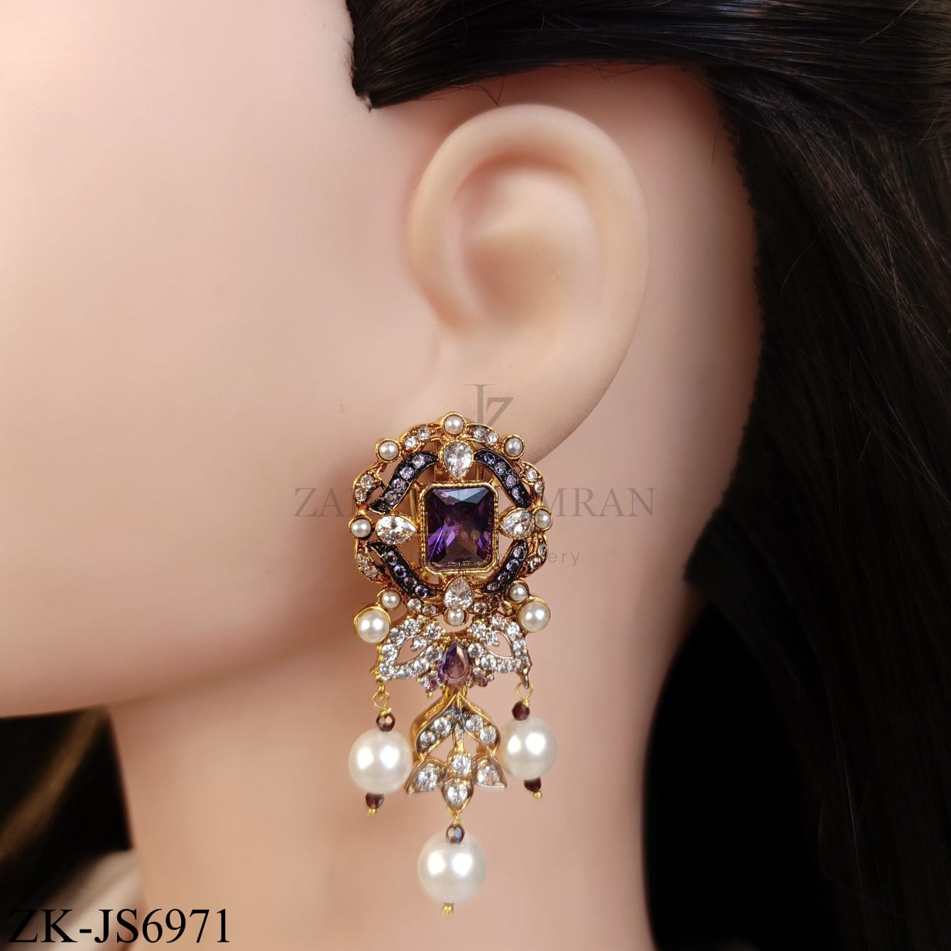 GOLD TONE AMETHYST TEARDROP PEARLS TASSEL SET