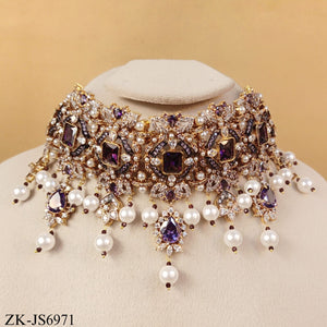 GOLD TONE AMETHYST TEARDROP PEARLS TASSEL SET