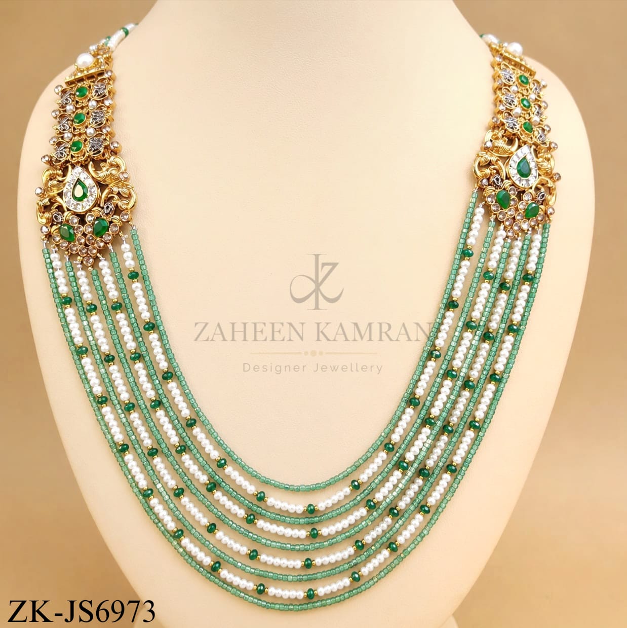ROYAL EMERALD PEARLS BEADED MULTI LAYERED SET