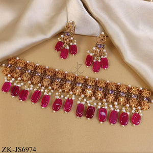 GOLDEN INTRICATE RUBY DROP CHOKER SET