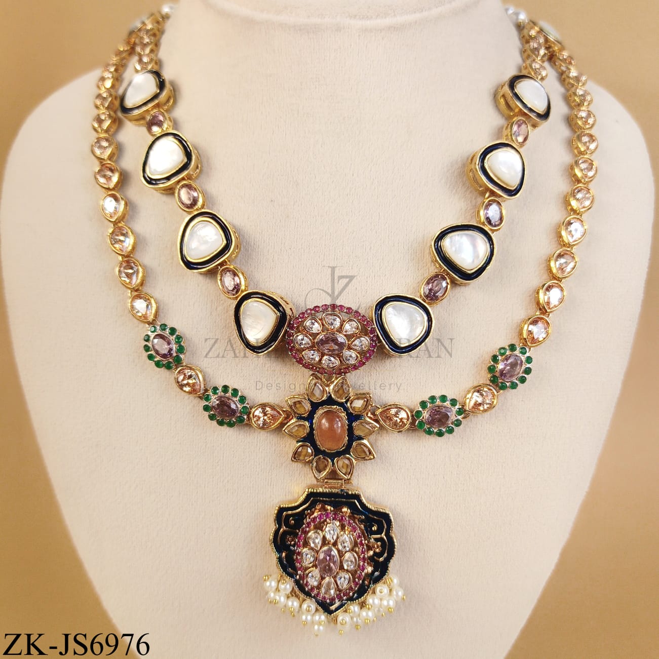 GOLDEN DUAL STRAND NECKLACE WITH WHITE OPALS AND PEARLS TASSEL
