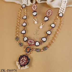 GOLDEN DUAL STRAND NECKLACE WITH WHITE OPALS AND PEARLS TASSEL