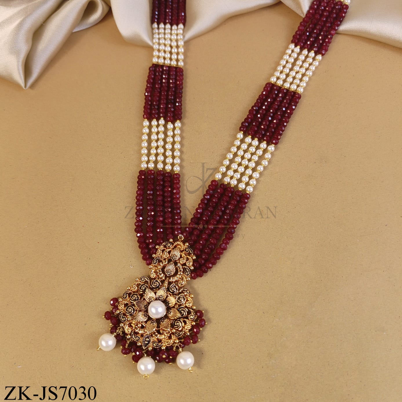 ANTIQUE RUBY FLORAL SPIRAL PEARLS DROP BRIDAL SET