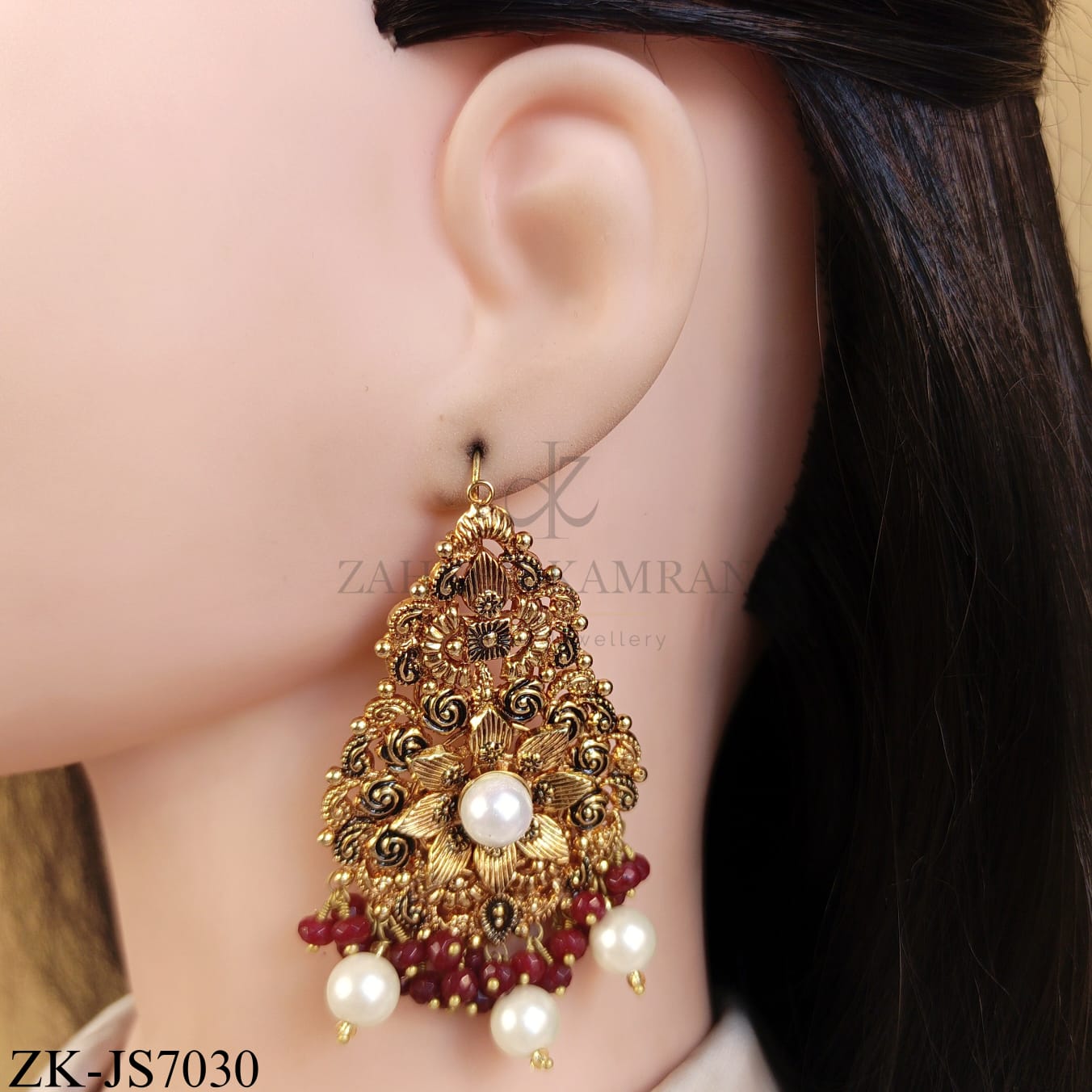 ANTIQUE RUBY FLORAL SPIRAL PEARLS DROP BRIDAL SET