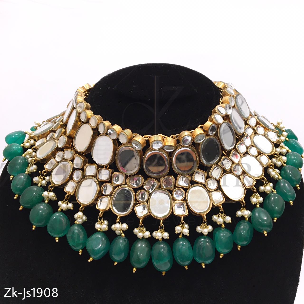 Green Beads Kundan Necklace Set