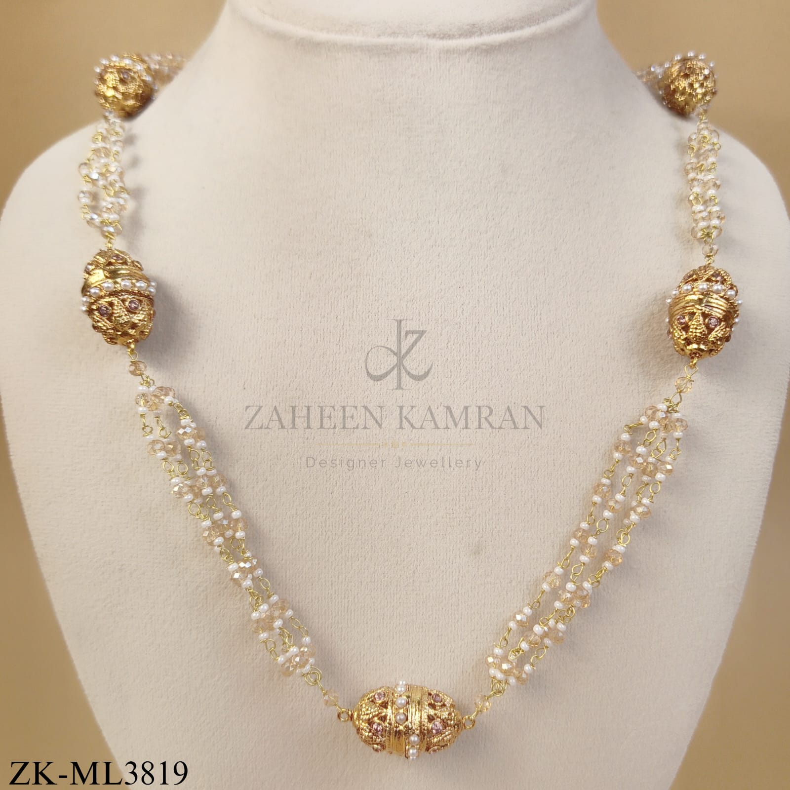 SPHERICAL MALA WITH SOFT PINK STONES AND PEARLS