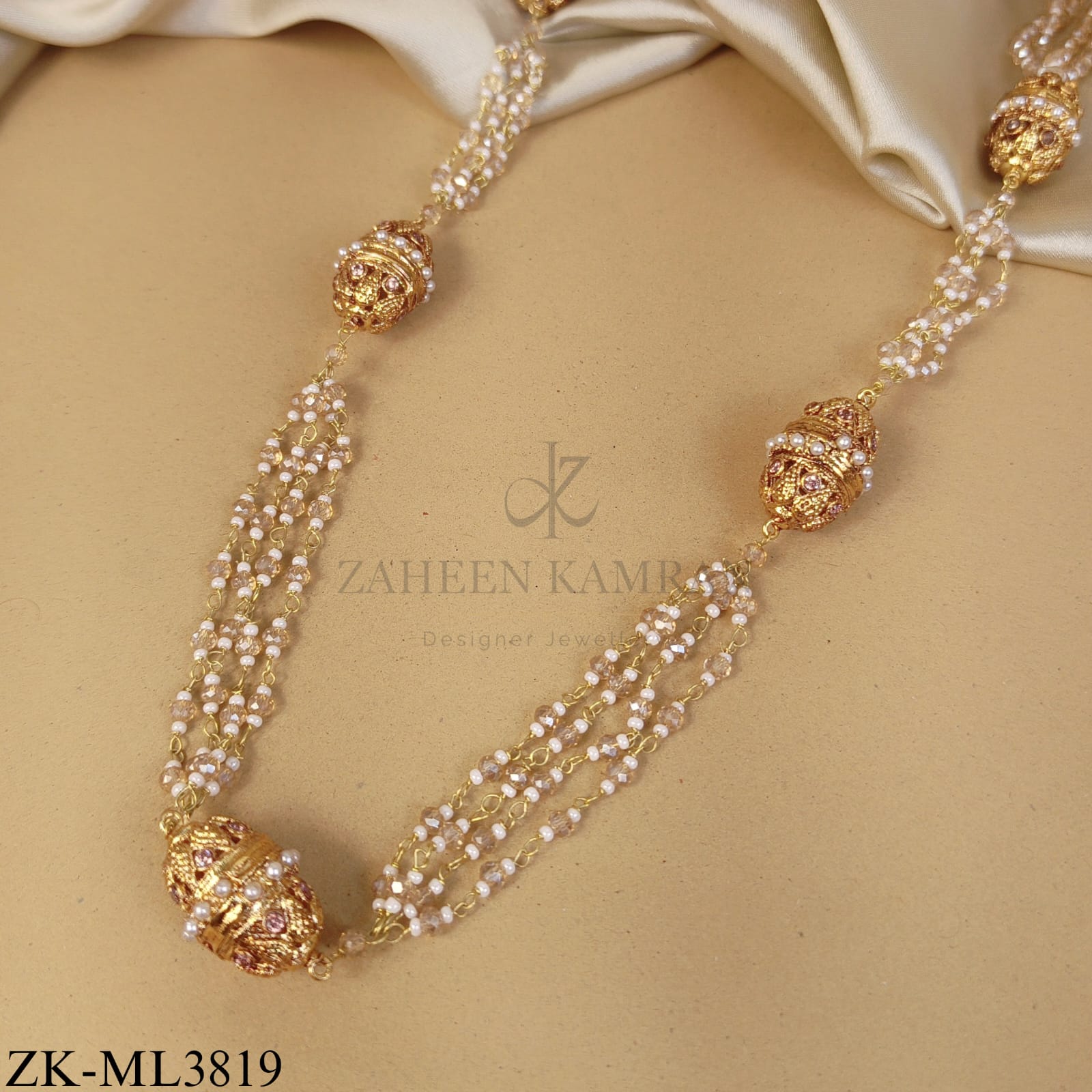 SPHERICAL MALA WITH SOFT PINK STONES AND PEARLS