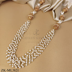 GOLD CARVED BALLS WITH LAYERED PEARLS MALA