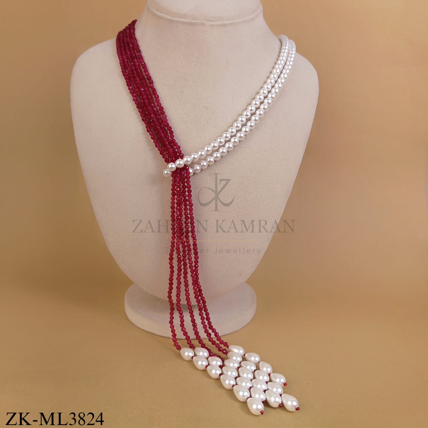 WHITE PEARLS DROP RUBY MALA