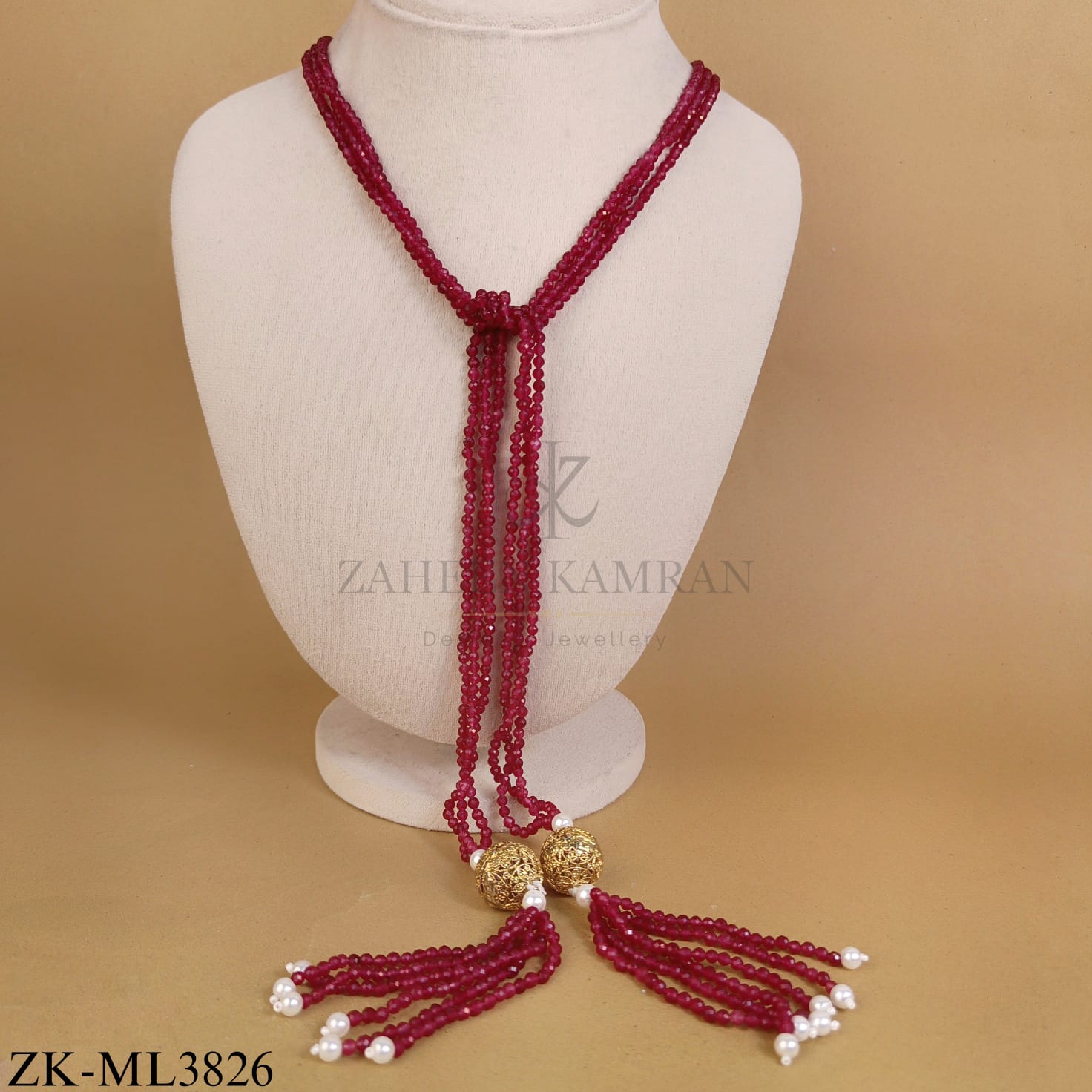 GOLD TONE SPHERE AND PEARL TASSELS MALA