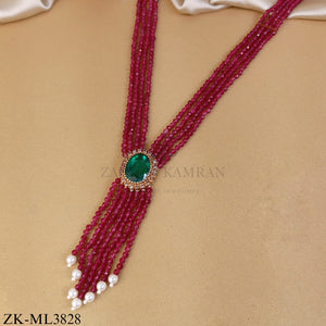 MULTI RUBY BEADED MALA WITH EMERALD MOTIF