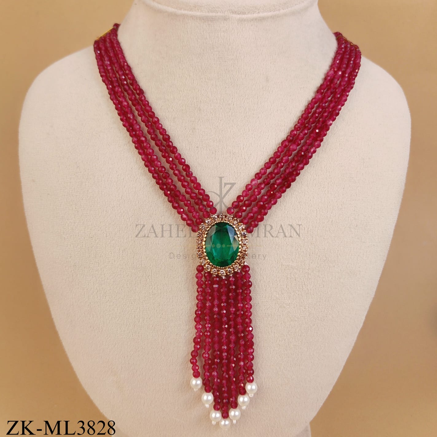MULTI RUBY BEADED MALA WITH EMERALD MOTIF