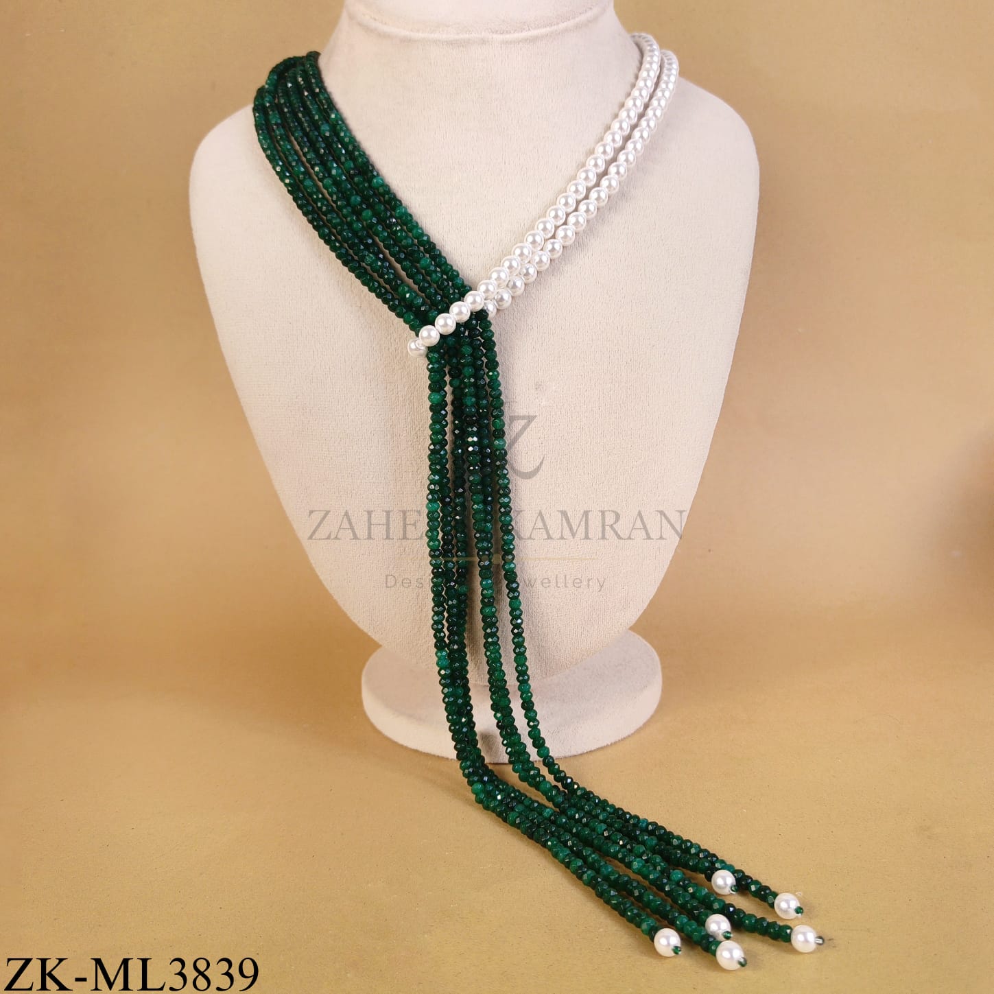 EMERALD KNOT MALA WITH PEARLS TASSEL