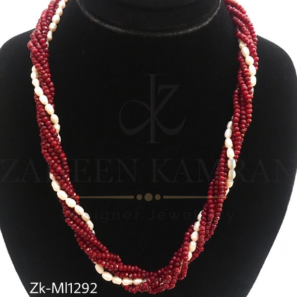 Twisted ruby pearls mala