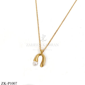 Gold U-shape pendant with pearl accent - Zaheen Kamran