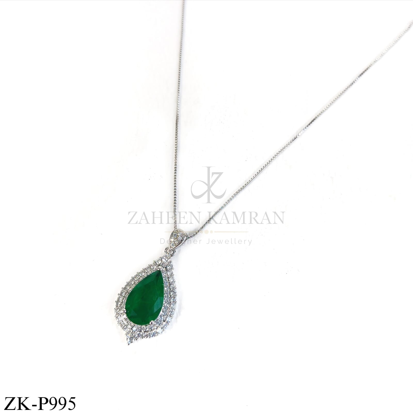 SILVER EMERALD TEARDROP PENDANT WITH ZIRCONS ACCENTS