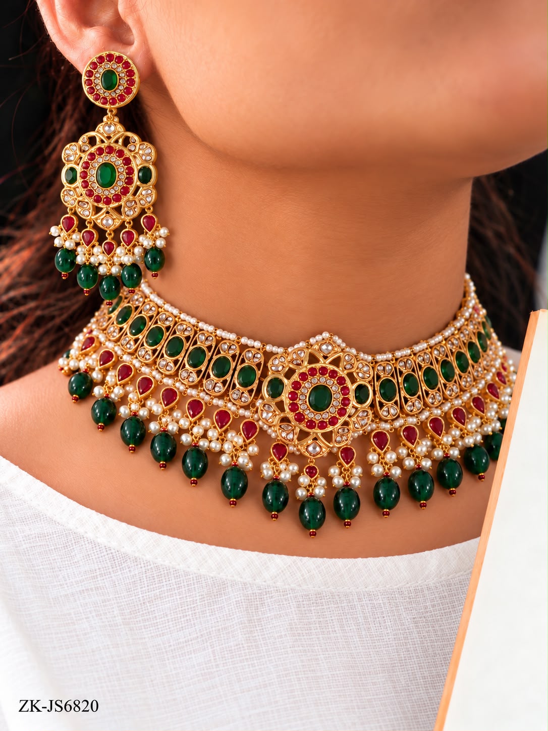 ROYAL EMERALD AND RUBY CHOKER SET WITH PEARLS ACCENTS