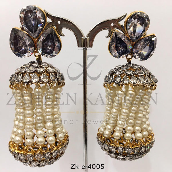 Glorious Design Jhumkay Studded with Zircon & Pearls