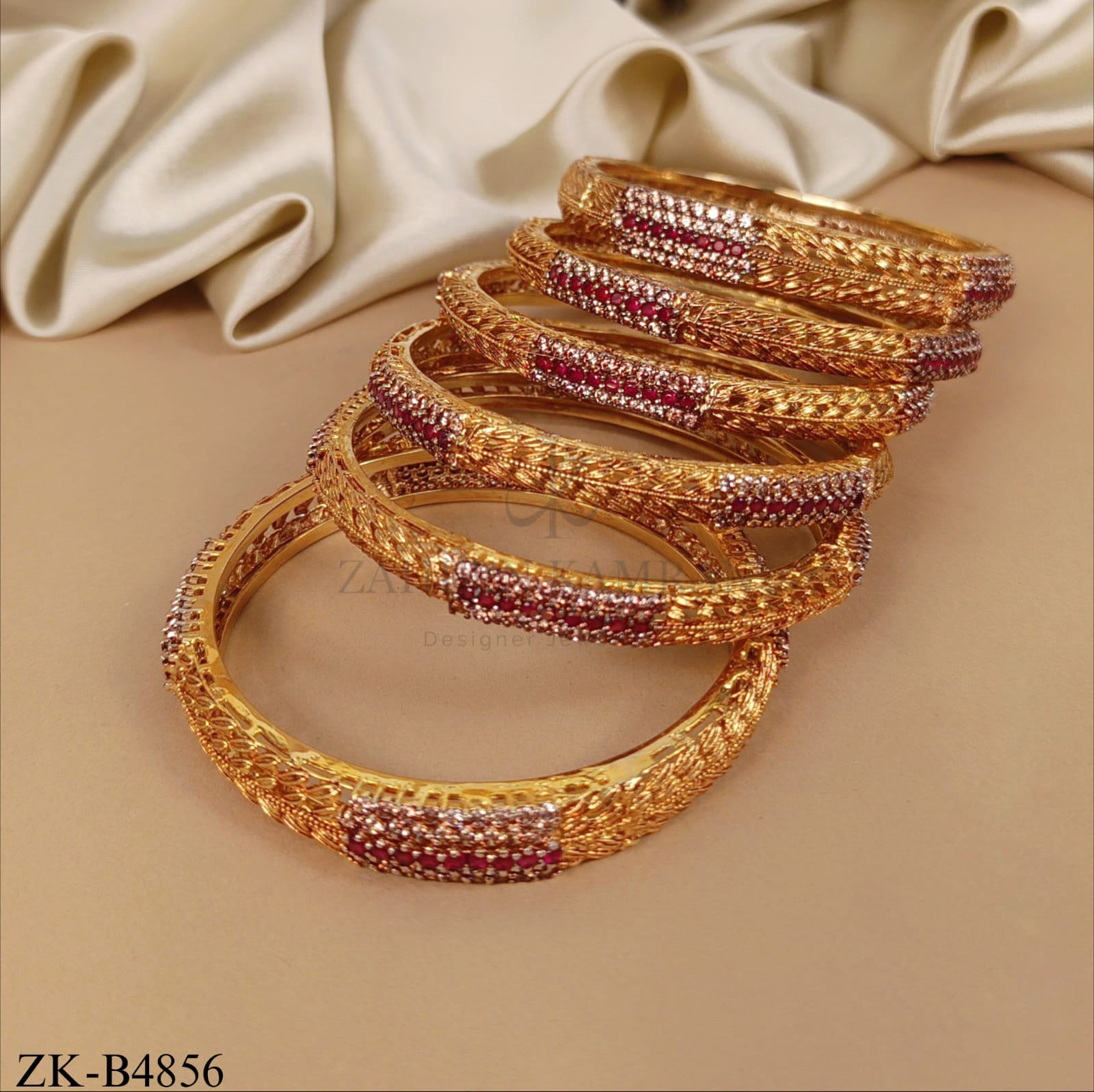 GOLD INTRICATE BANGLES WITH RUBY AND PEARLS