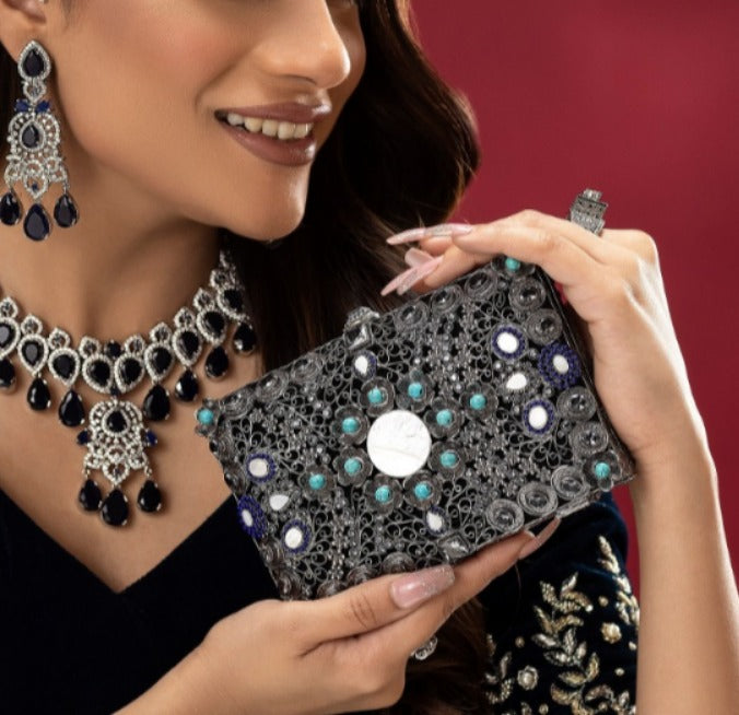 Sapphire blue silver clutch