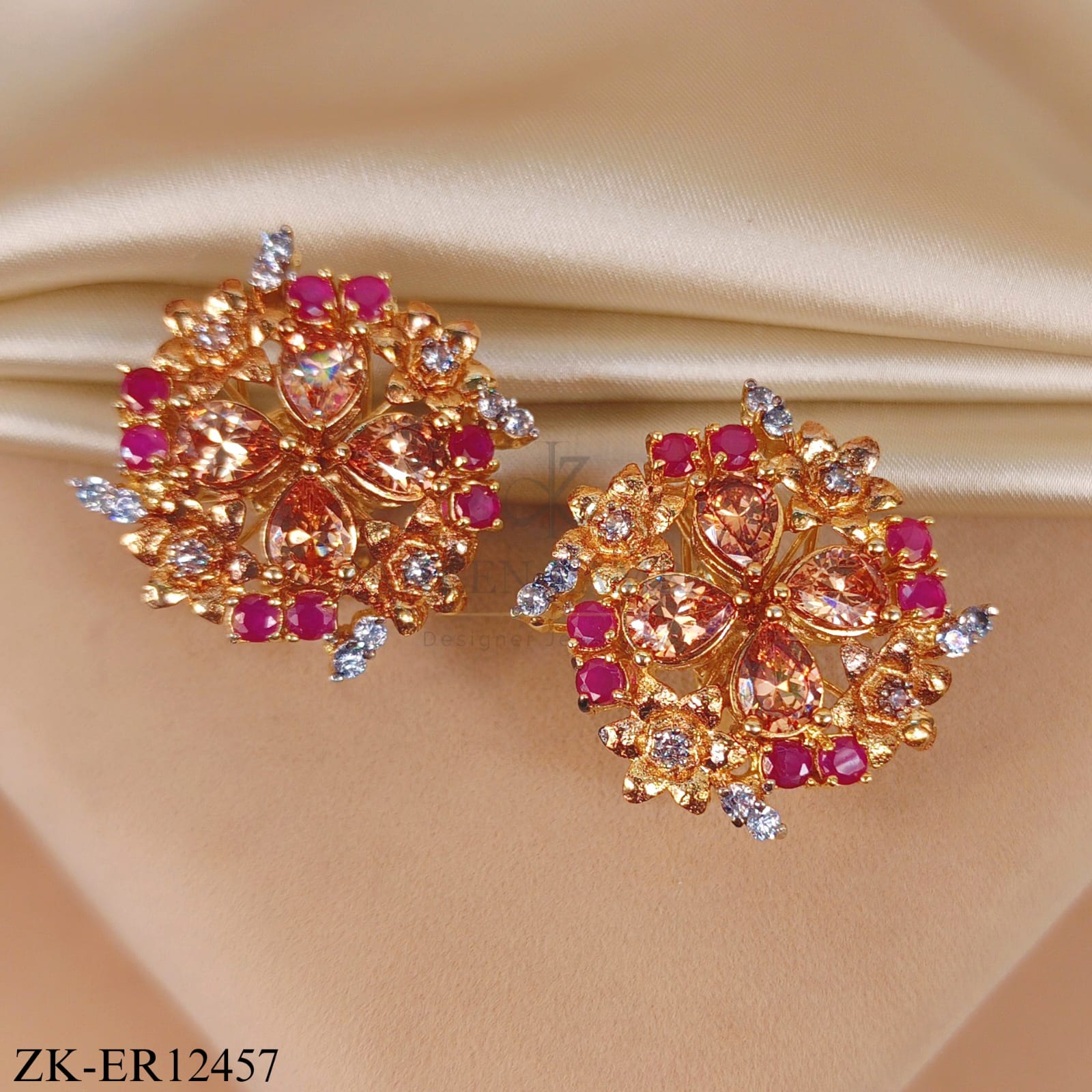 GOLDEN FLORAL EARRINGS WITH PINK ZIRCONIA
