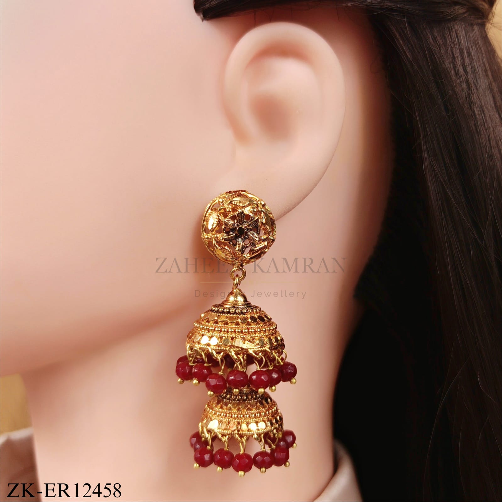 GOLDEN DOUBLE EARRINGS WITH RUBY ACCENTS