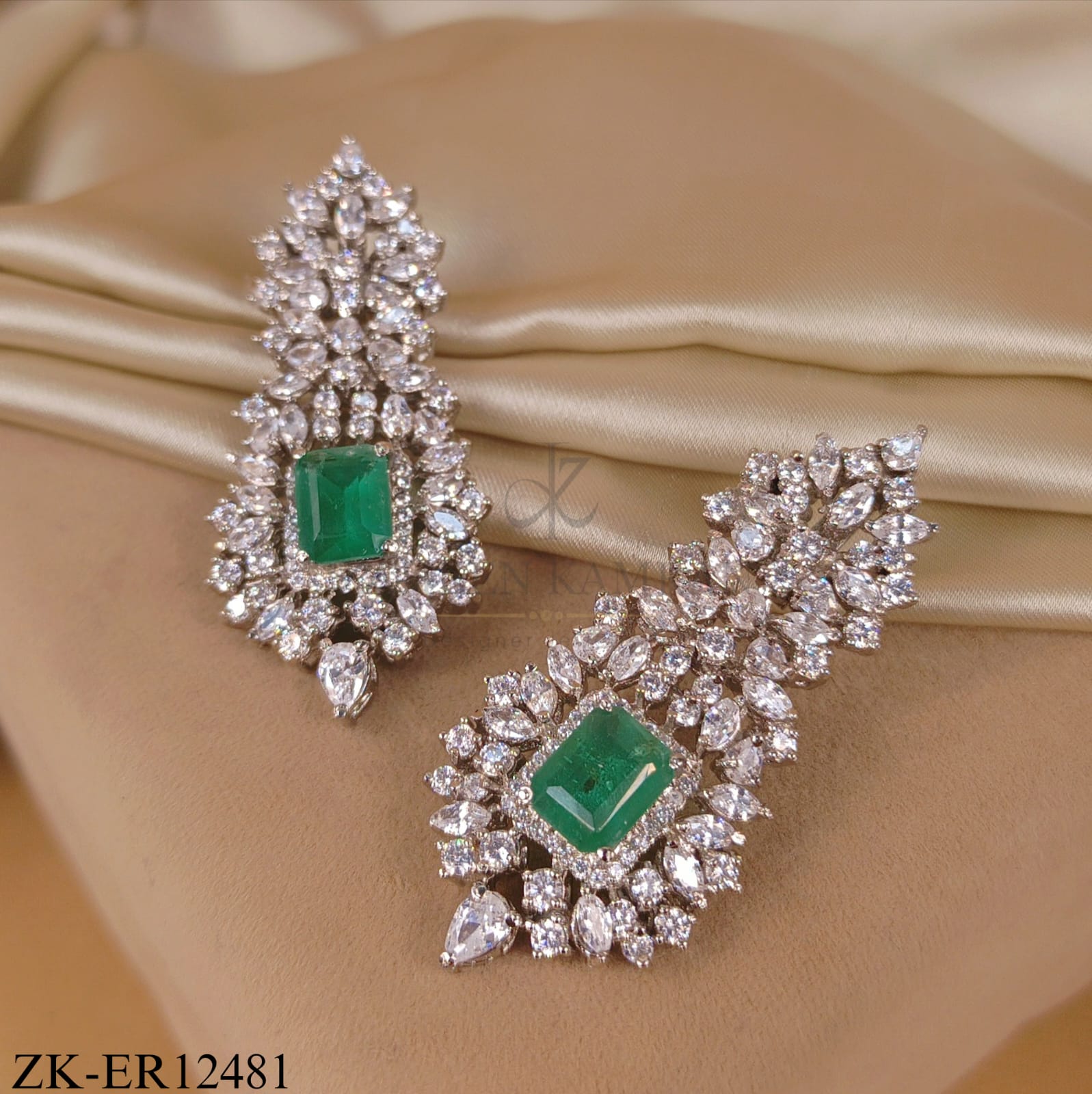 EMERALD SILVER LEAF WING EARRINGS