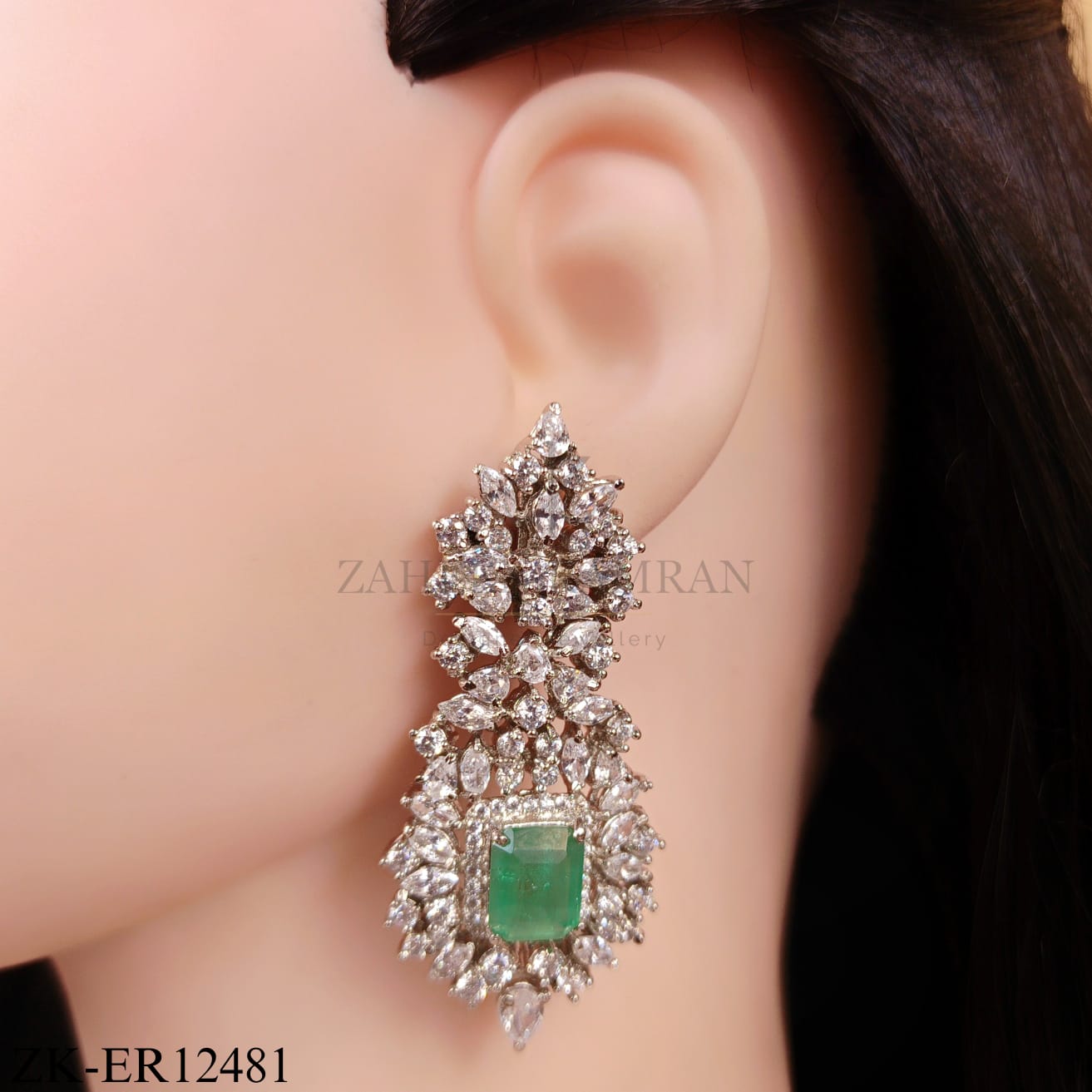 EMERALD SILVER LEAF WING EARRINGS