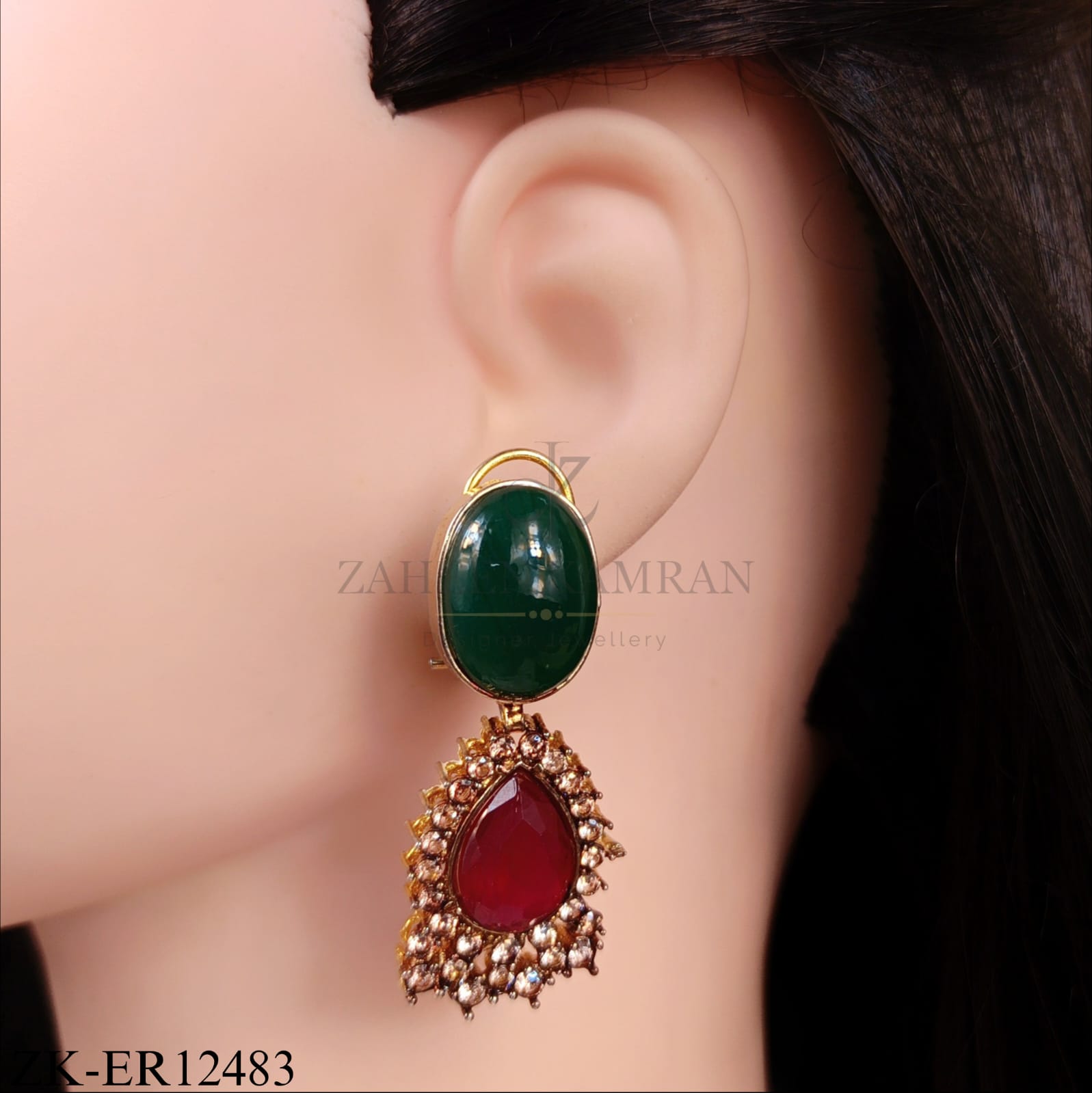 TEARDROP EARRINGS WITH EMERALD AND RUBY