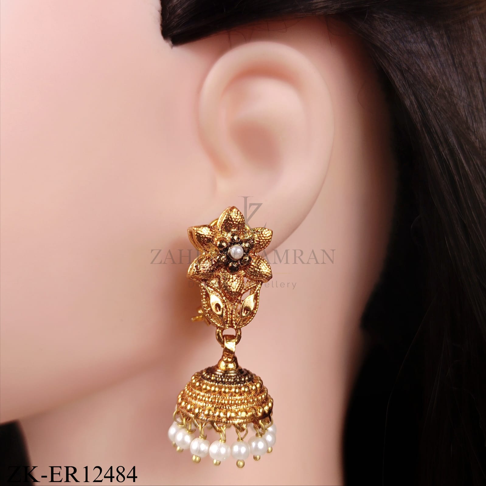 GOLDEN FLORAL PEARLS DROP EARRINGS