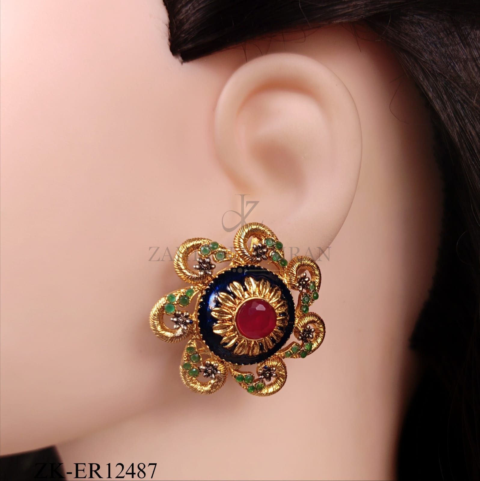 ANTIQUE BLOOM EMERALD ENAMEL EARRINGS