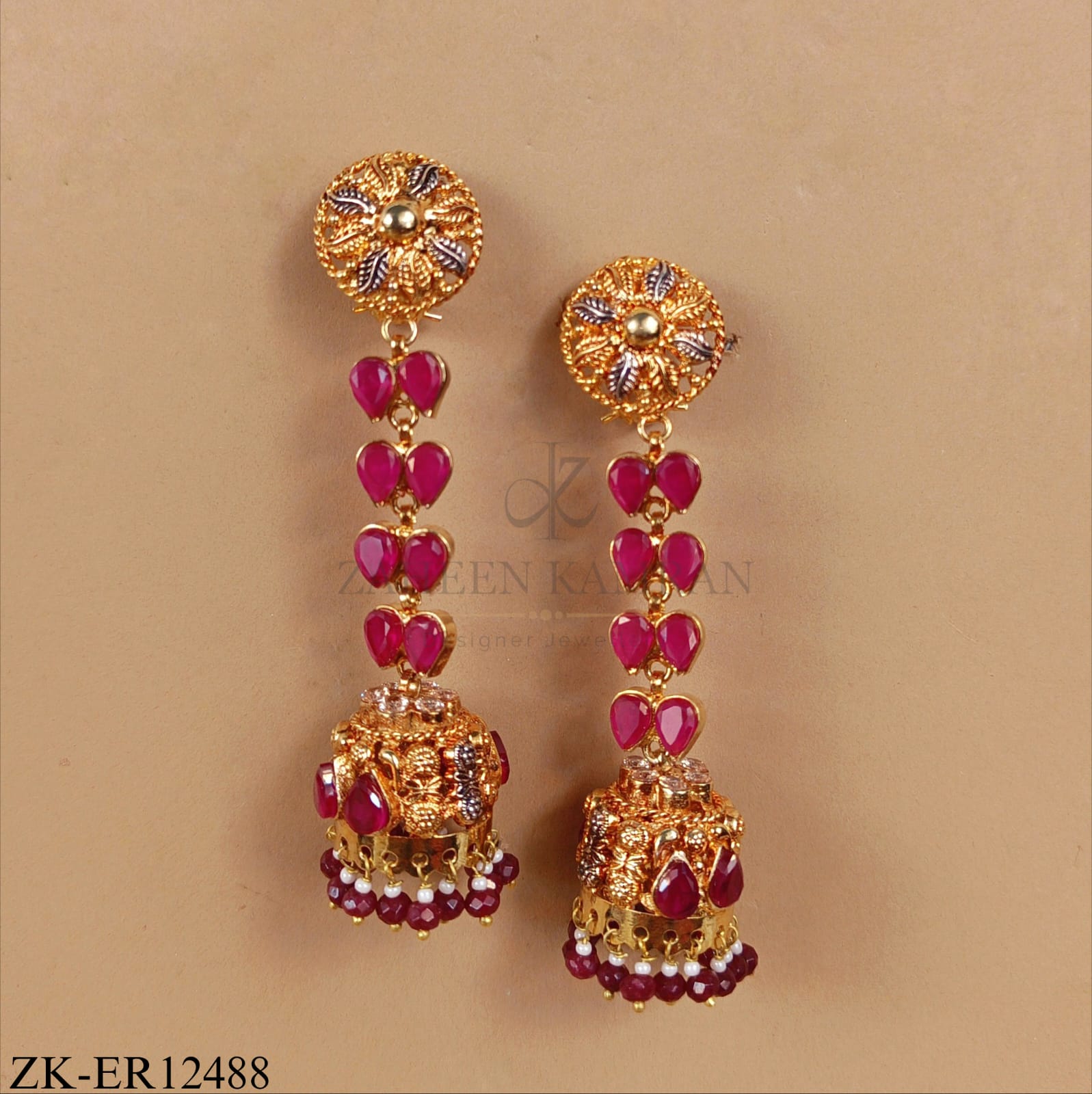 GOLDEN LEAF PINK ZIRCONIA DROP EARRINGS