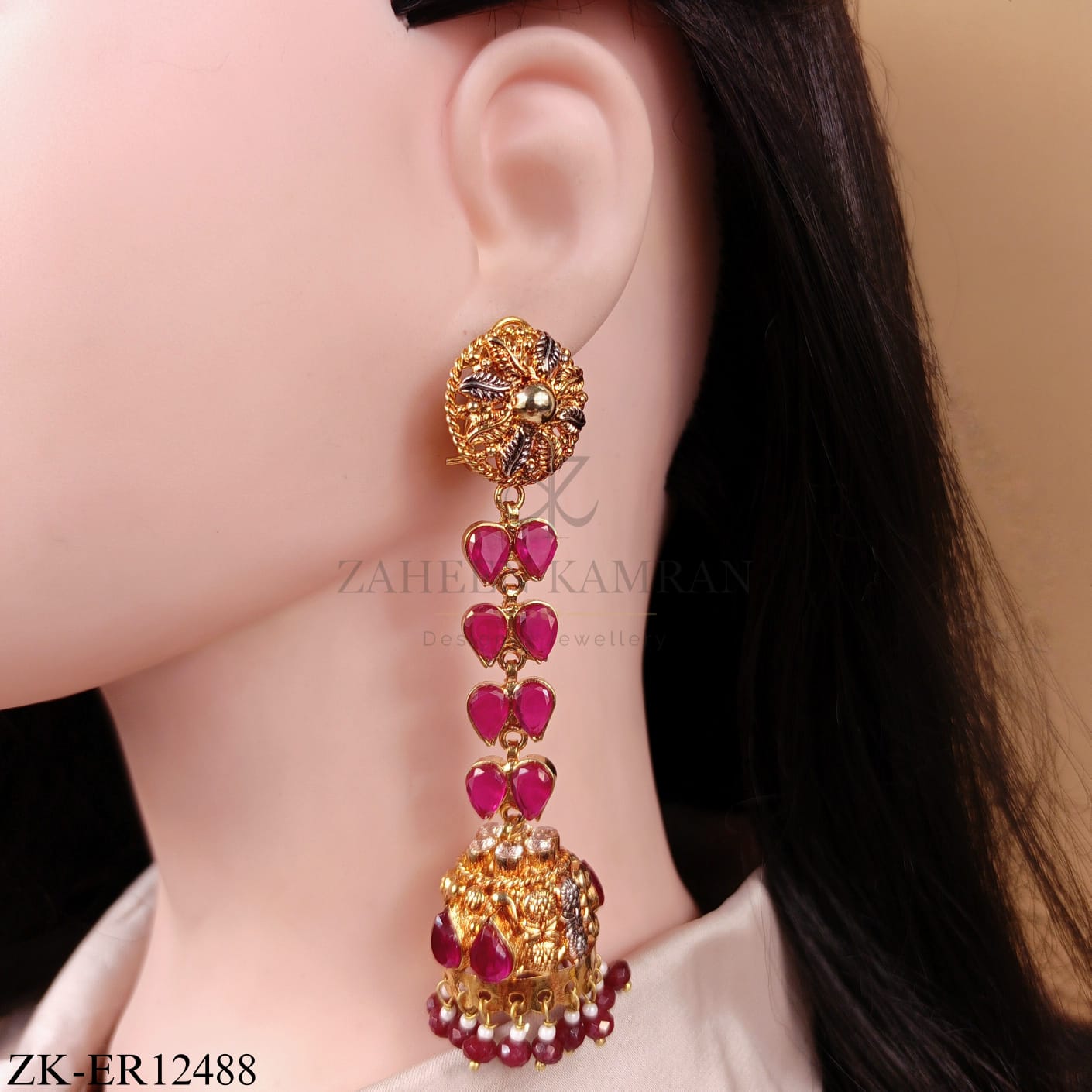 GOLDEN LEAF PINK ZIRCONIA DROP EARRINGS