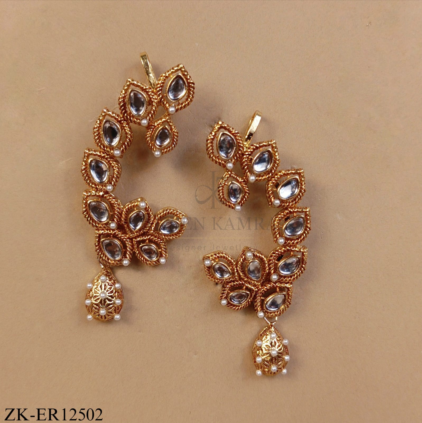 GOLD KUNDAN C CURVE EARRINGS