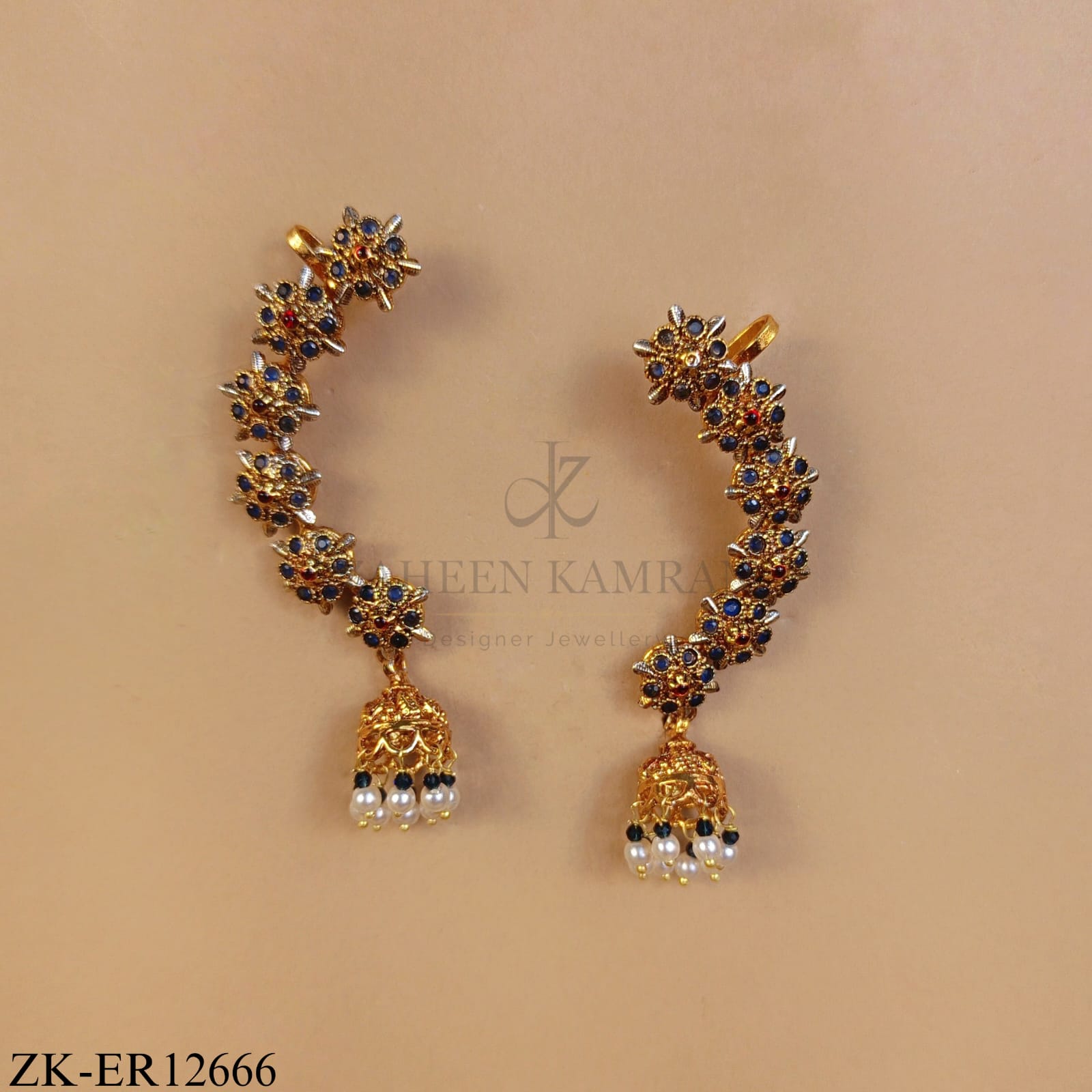 GOLDEN FLORAL SAPPHIRE CURVED EARRINGS