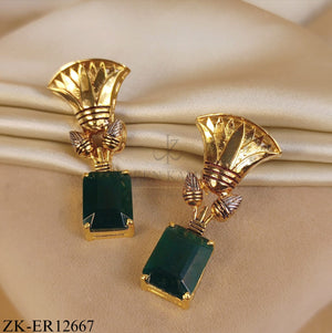 GOLD TONE LOTUS TOP WITH SQUARE EMERALD EARRINGS