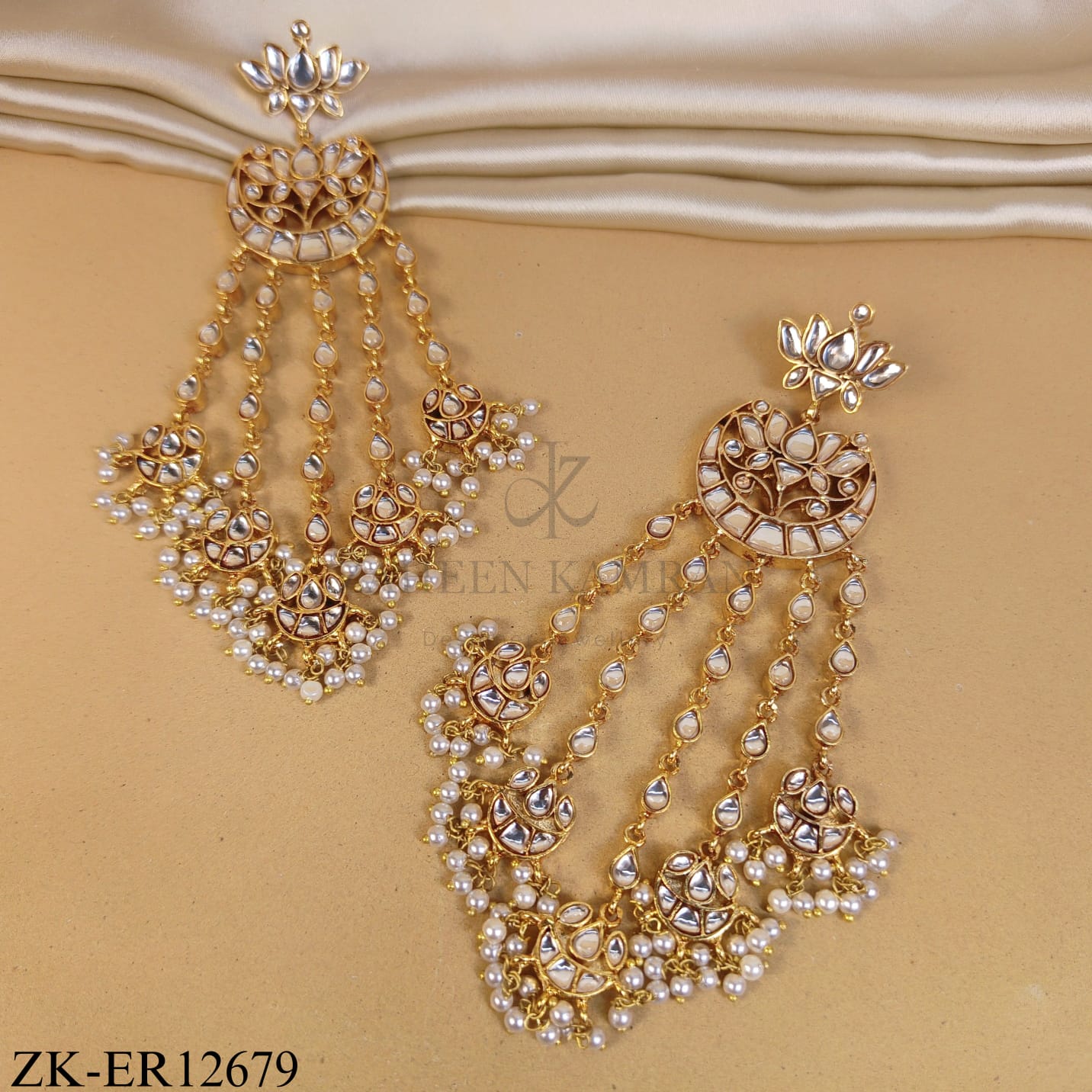 GOLD TONE KUNDAN CHAIN EARRINGS WITH LOTUS TOP