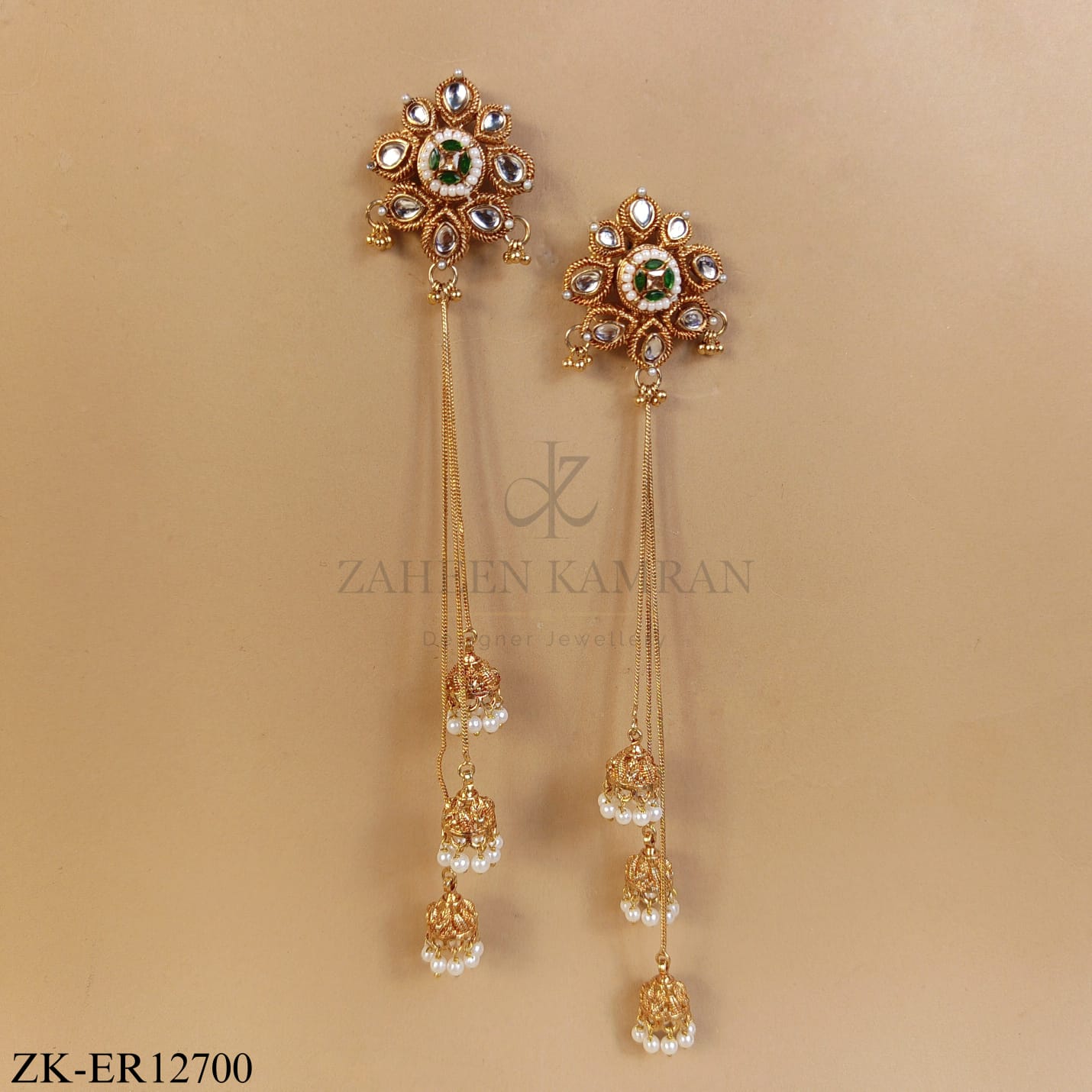 GOLDEN KUNDAN  FLORAL LONG CHAINS EARRINGS