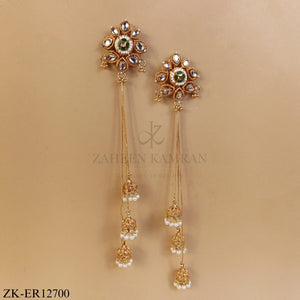 GOLDEN KUNDAN  FLORAL LONG CHAINS EARRINGS