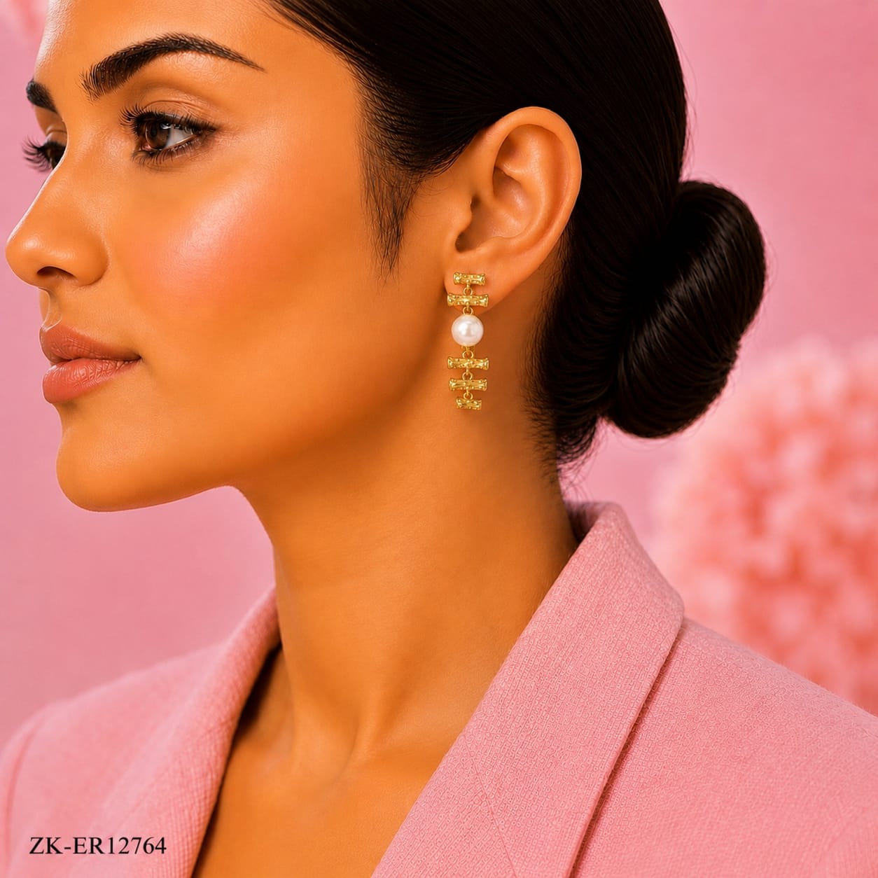GOLD STACKED BAR EARRINGS WITH PEARL DROP